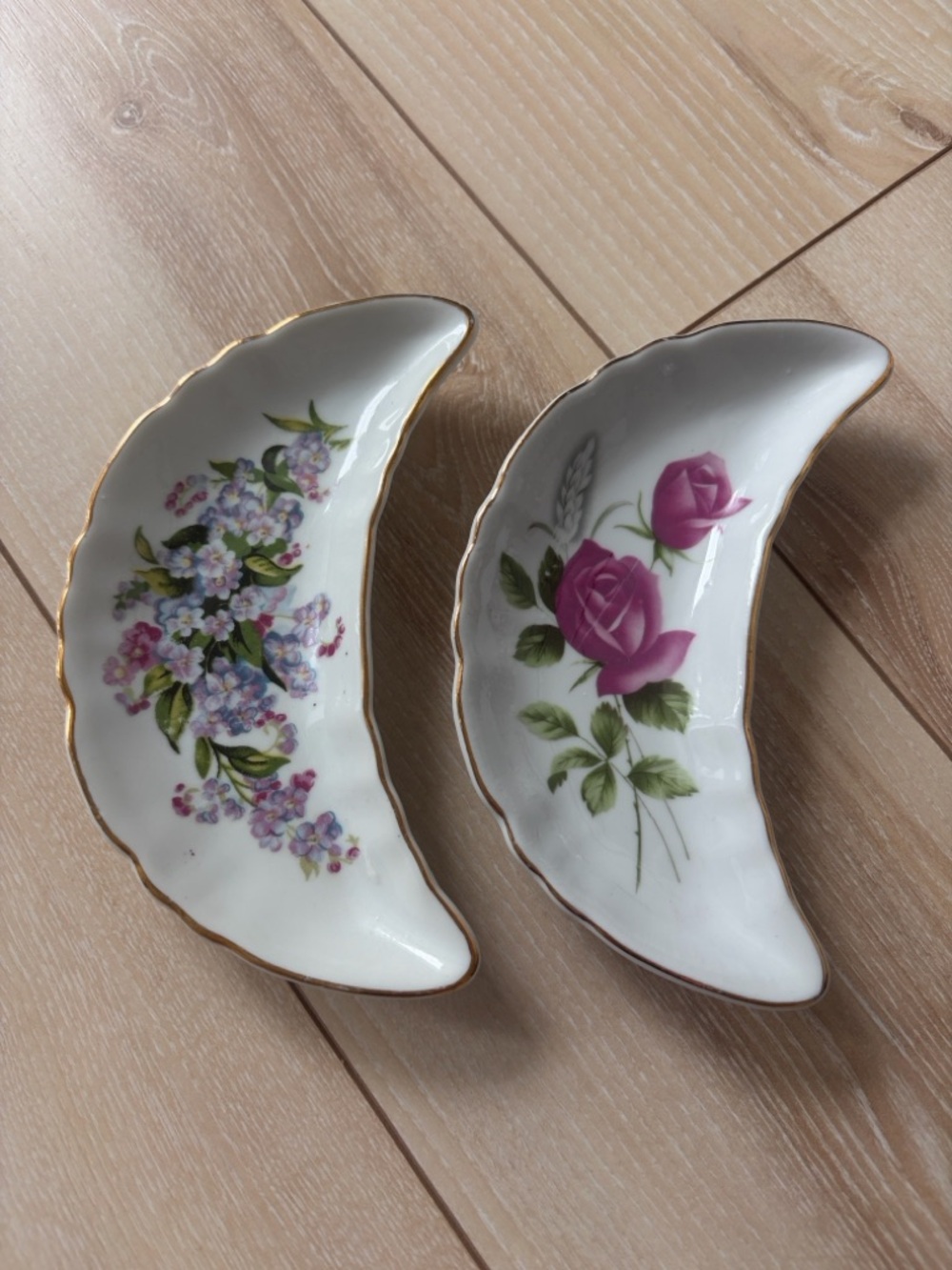 Vintage Japan Crescent Moon Bone Dishes Floral Gold Trim Set of 2